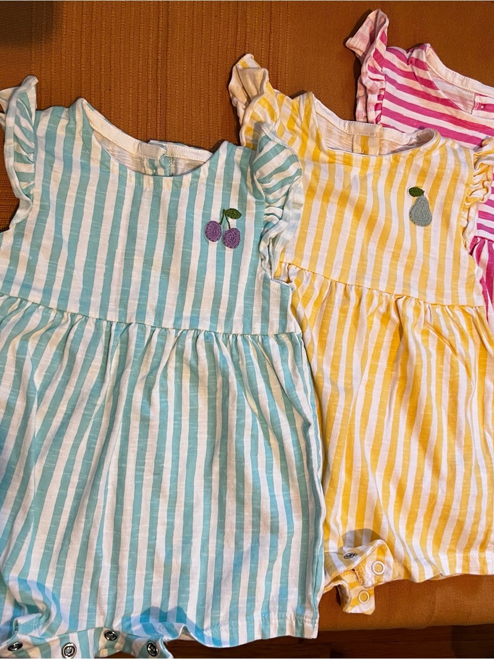 Next US Striped 3 pack Rompers for baby girl, Dress in Aqua, Yellow and Pink